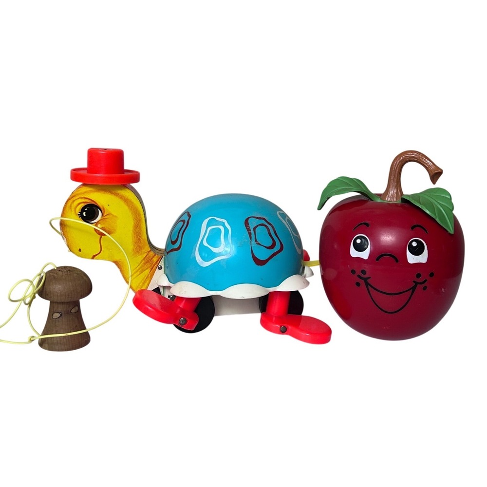 Vintage Fisher Price Toodles Turtle 773 Pull Toy & Happy Apple Chime Set